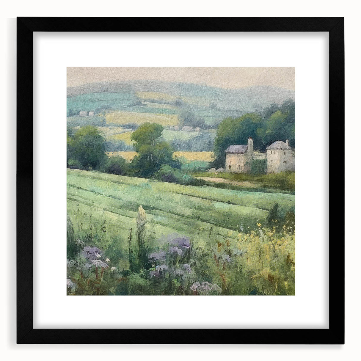 Landscape wall art featuring a serene countryside scene, framed in black with a mat, showcasing vibrant greens and blues, perfect for home decor.