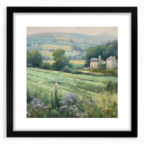 Landscape wall art featuring a serene countryside scene, framed in black with a mat, showcasing vibrant greens and blues, perfect for home decor.
