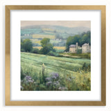 Landscape wall art framed in gold, showcasing a serene countryside scene with rolling hills and lush greenery, perfect for home decor enhancement.