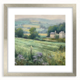 Landscape wall art featuring a serene countryside scene, framed in a stylish silver frame with a white mat, ideal for enhancing home decor and bringing nature indoors.