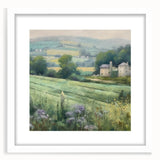 Landscape wall art framed with a white mat showcases a serene countryside scene, featuring rolling hills and a vibrant sky, perfect for home decor.