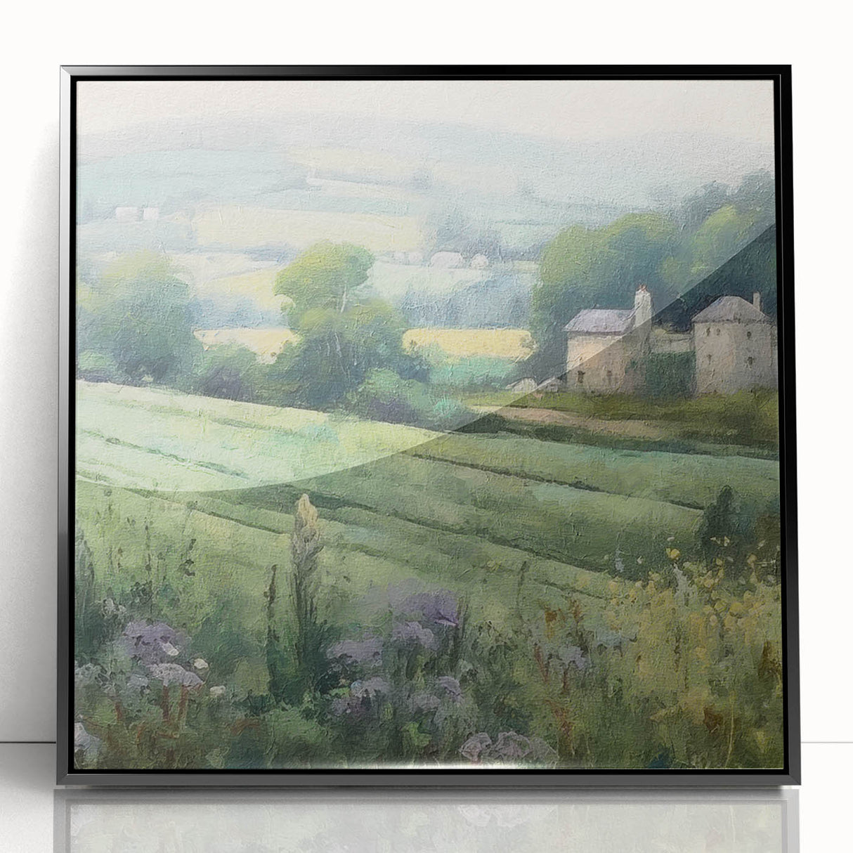Framed acrylic wall art showcasing a serene landscape of rolling hills and a vibrant sunset, encased in a sleek black frame, perfect for countryside decor.