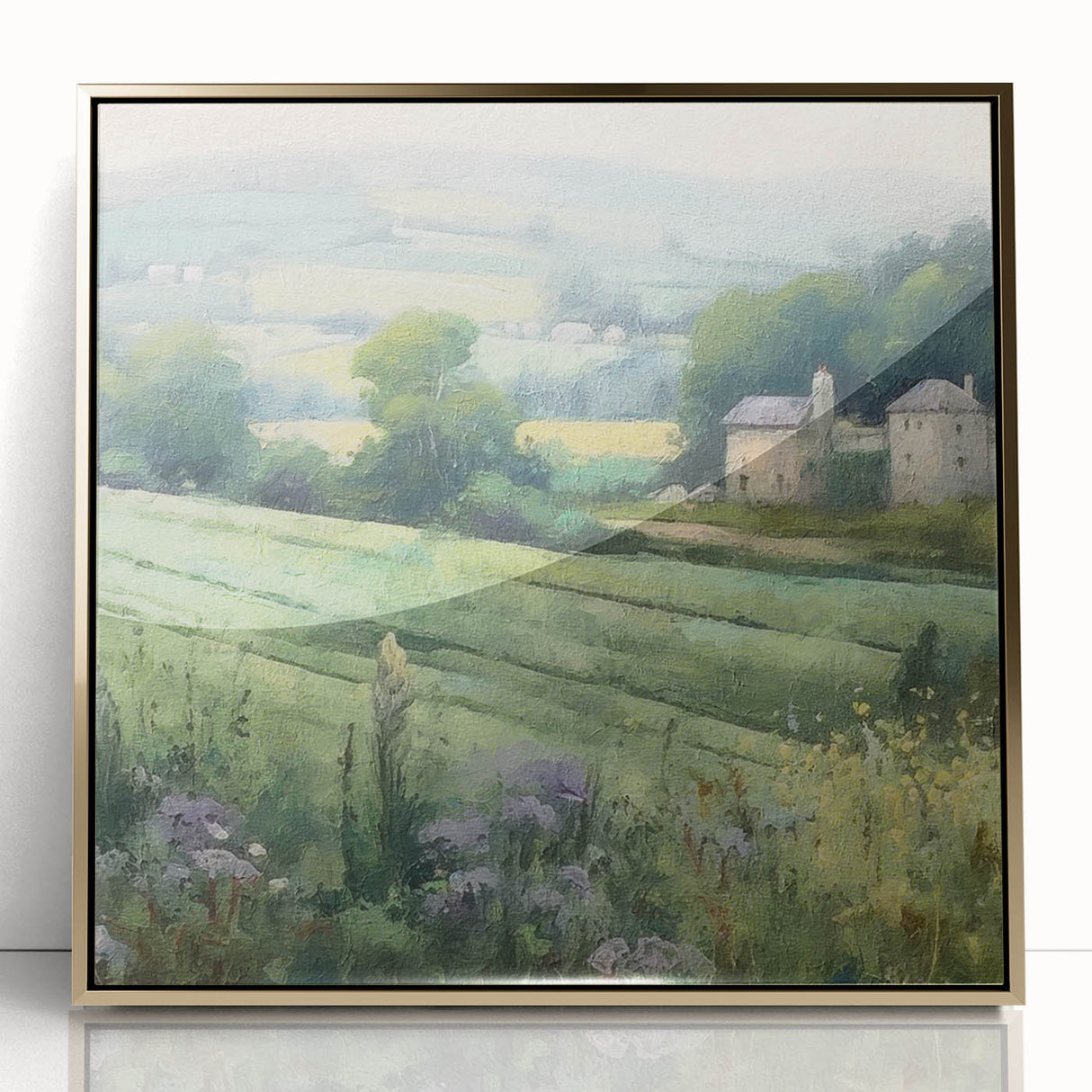 Framed landscape wall art showcasing a serene countryside scene with lush greenery and a golden-acrylic frame, perfect for enhancing home decor.