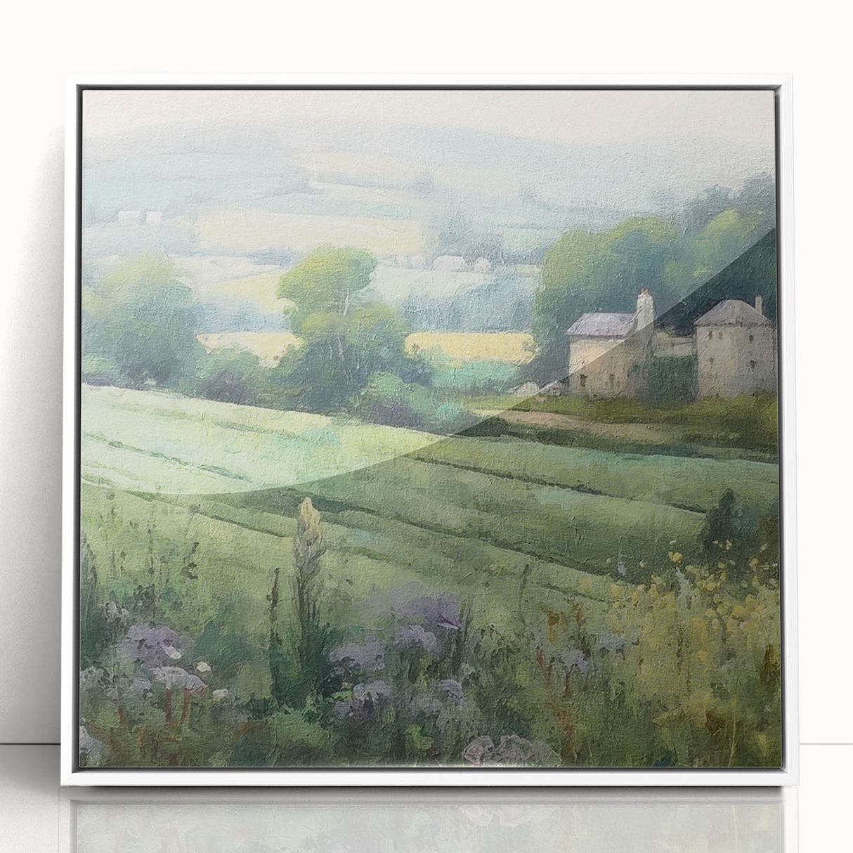 Framed acrylic wall art showcasing a serene landscape of rolling hills and a vibrant sunset, designed to enhance home decor with its calming colors and elegant white frame.