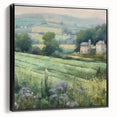 Framed canvas wall art depicting a serene landscape of rolling countryside hills and vibrant greenery, featuring a sleek black frame and side view showcasing its elegant design. Perfect for home decor enthusiasts seeking a tranquil and nature-inspired aesthetic.