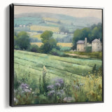 Framed canvas wall art depicting a serene landscape of rolling countryside hills and vibrant greenery, featuring a sleek black frame and side view showcasing its elegant design. Perfect for home decor enthusiasts seeking a tranquil and nature-inspired aesthetic.