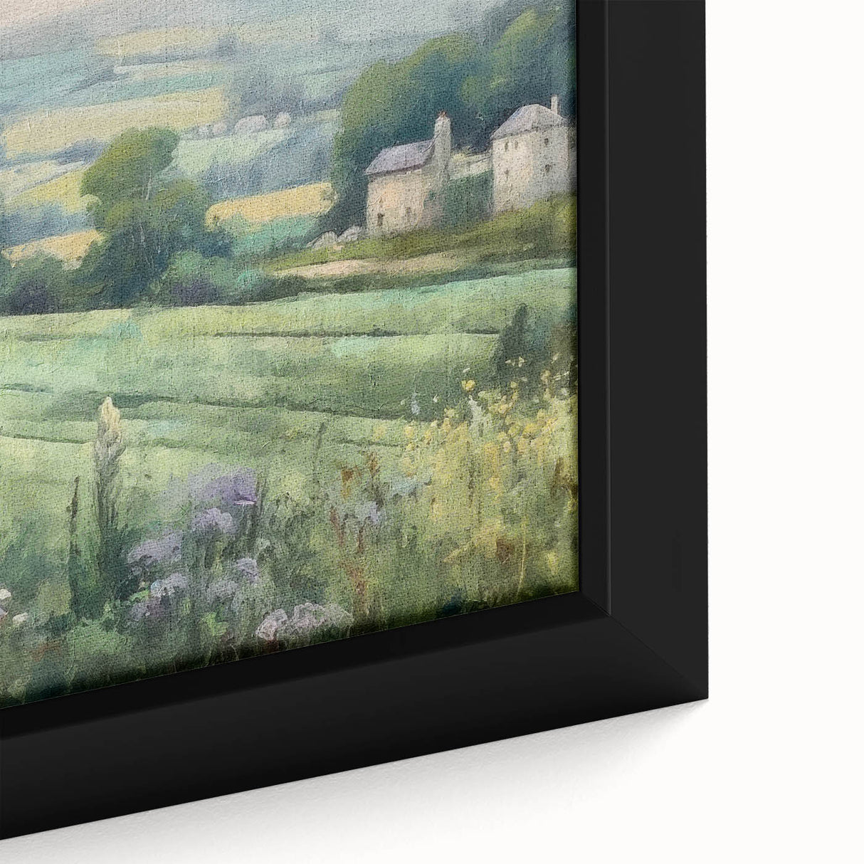 Framed landscape wall art depicting a serene countryside scene with lush green fields and a bright blue sky, enhancing home decor with natural beauty.