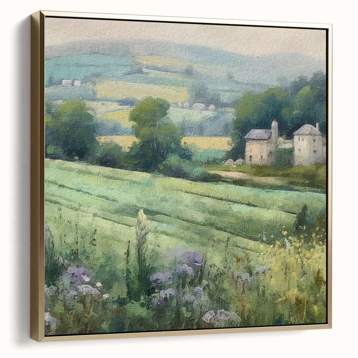 Framed landscape wall art depicting a serene countryside scene with silver and gold accents, perfect for adding elegance to home decor. The artwork features lush green fields and a tranquil sky, blending nature's beauty with a modern aesthetic.