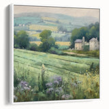 Framed landscape wall art depicting a serene countryside scene with rolling hills and trees, showcased from a white side view. Ideal for home decor.