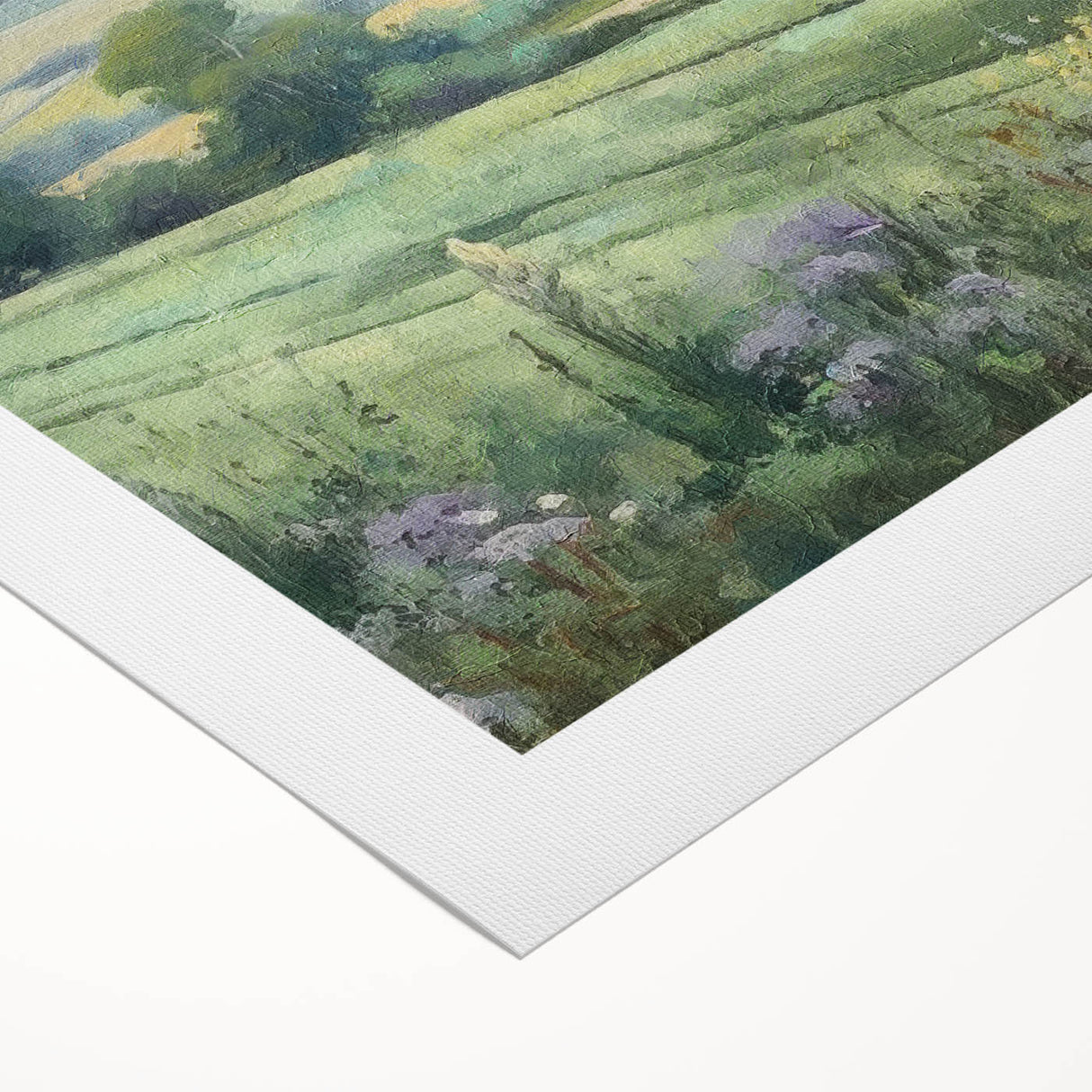 Landscape wall art on rolled canvas depicting a serene countryside scene with lush green fields, vibrant trees, and a clear blue sky, perfect for home decor.