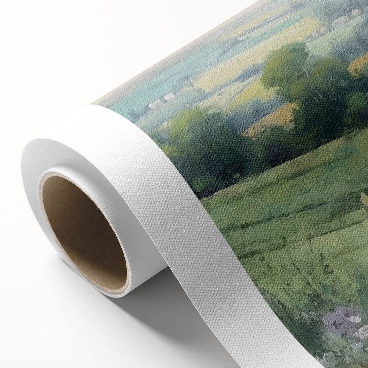 Rolled canvas showcasing a serene landscape scene with rolling hills and a vibrant sunset, perfect for home decor. Packaged securely in a durable cardboard tube for safe delivery.