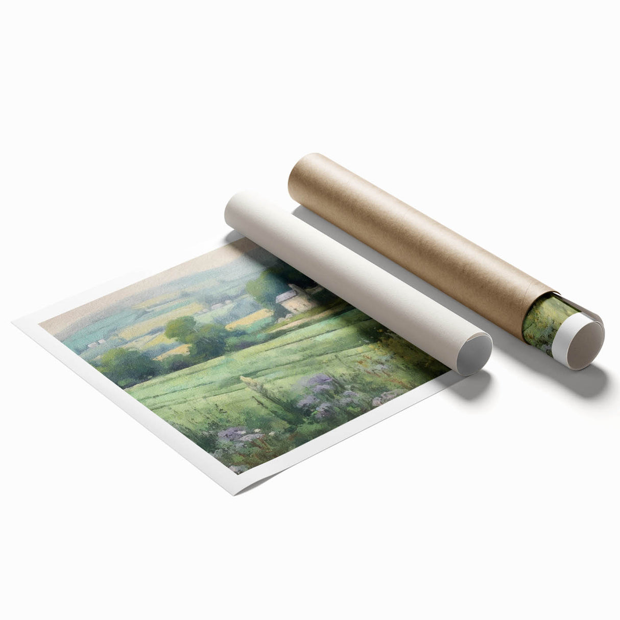 Vibrant landscape wall art print showcasing a serene countryside scene with rolling hills and lush greenery, rolled for easy shipping and display.