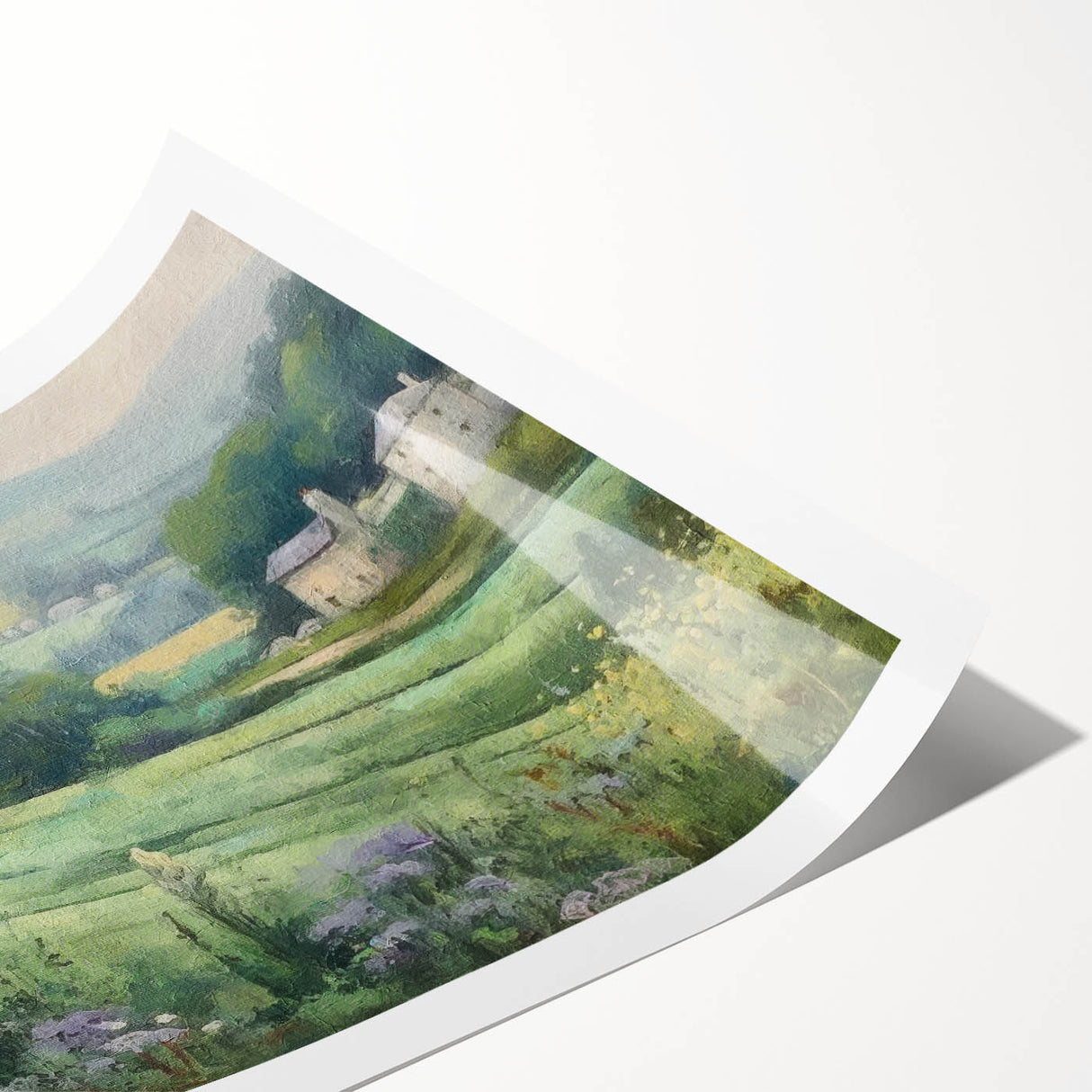 Landscape wall art print showcasing a serene countryside scene with rolling hills, vibrant green fields, and a blue sky, rolled and ready for display in a protective tube. Perfect for adding a touch of nature to home decor.