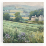 Stretched canvas wall art showcasing a vibrant countryside landscape with rolling hills and a sunset, perfect for home decor in living spaces or offices.