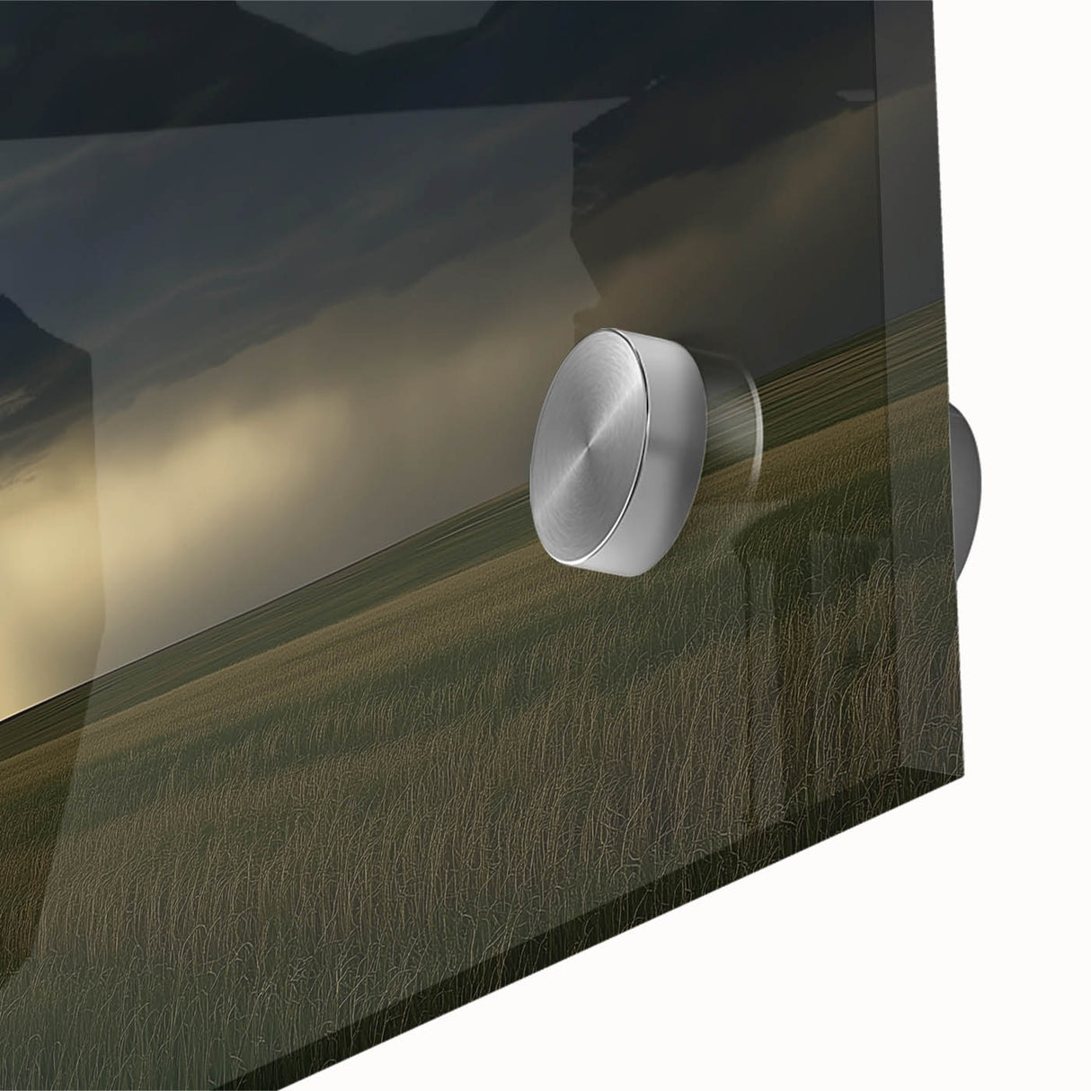 Close-up of a vibrant acrylic landscape artwork showcasing a serene countryside scene with rolling hills, lush greenery, and a clear blue sky, ideal for home decor.
