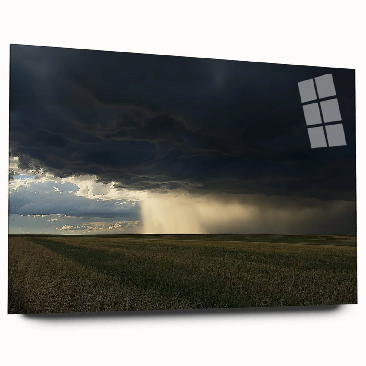 Acrylic landscape artwork depicting a serene countryside scene, showcasing vibrant colors and detailed textures, presented in a sleek glass frame without visible pins.