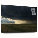 Acrylic landscape artwork depicting a serene countryside scene, showcasing vibrant colors and detailed textures, presented in a sleek glass frame without visible pins.