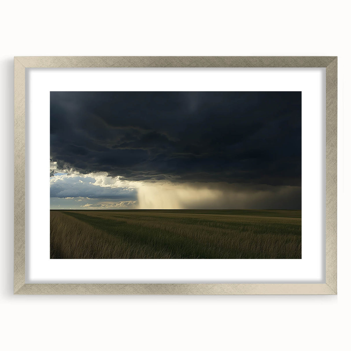 Silver-framed landscape artwork showcasing a serene countryside scene, featuring lush green fields and a clear blue sky, ideal for home decor enhancement.