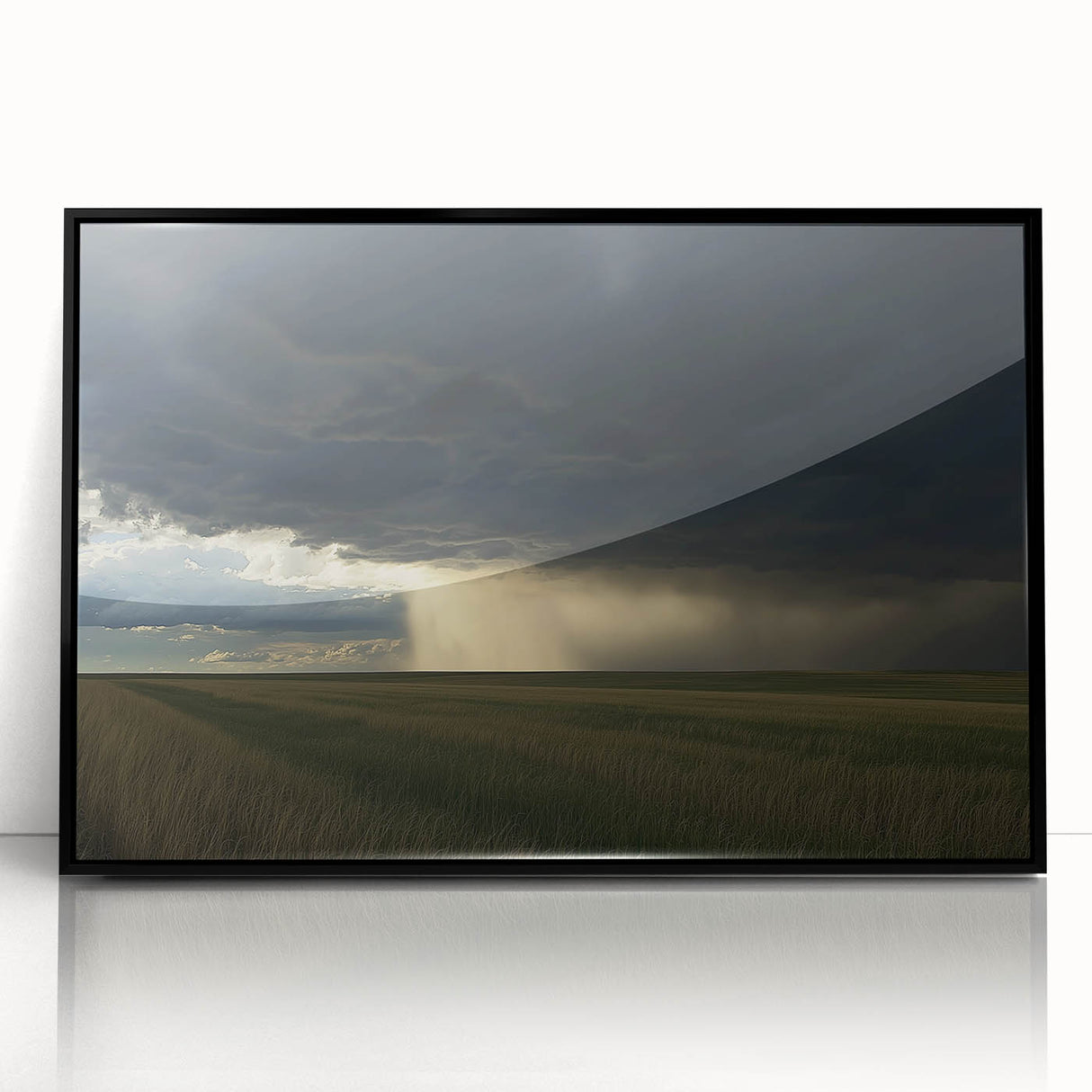 Framed acrylic artwork depicting a serene countryside landscape with vibrant greens and soft blues, designed to enhance home decor and create a tranquil ambiance.