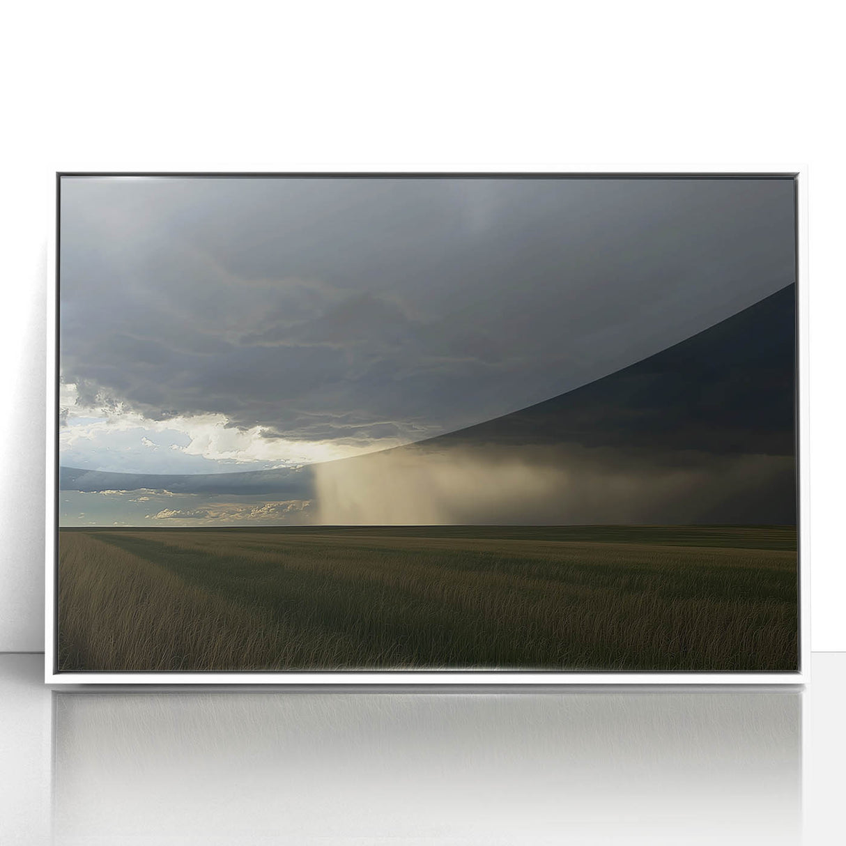 Framed acrylic artwork showcasing a serene countryside landscape with vibrant green fields and a clear blue sky, set in a sleek white frame for modern decor.