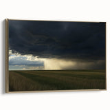 Framed canvas artwork depicting a serene countryside landscape with vibrant colors, gold accents, and a classic side view, ideal for home decor.