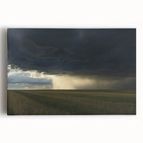 Vibrant stretched canvas artwork depicting a serene countryside landscape with rolling hills, lush greenery, and a bright blue sky, perfect for home decor.