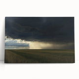 Stretched canvas artwork depicting a serene countryside landscape with rolling hills, vibrant greenery, and a clear blue sky, perfect for home decor.