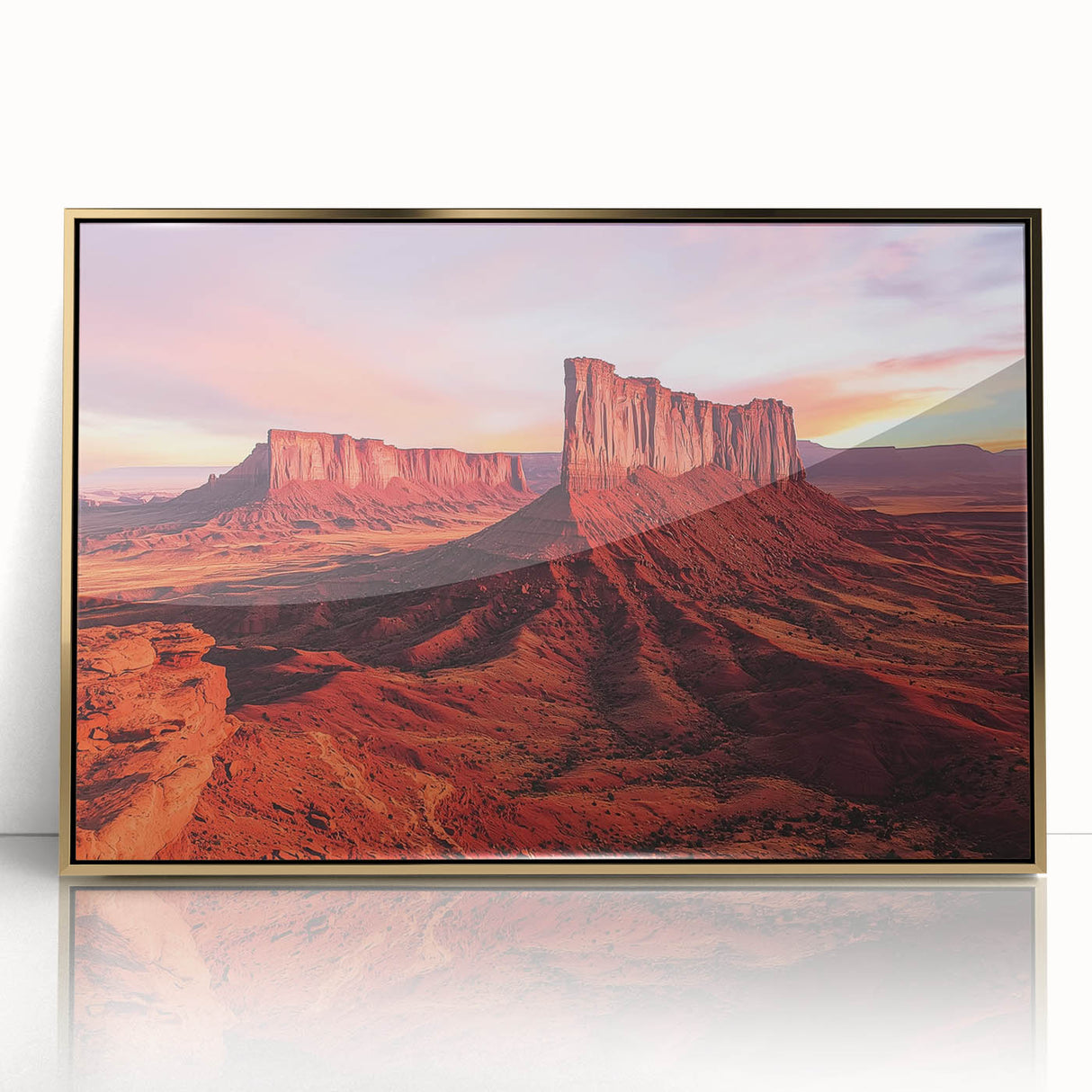 Framed acrylic artwork showcasing a vibrant desert landscape with golden hues, perfect for modern home decor, adding warmth and tranquility to any space.