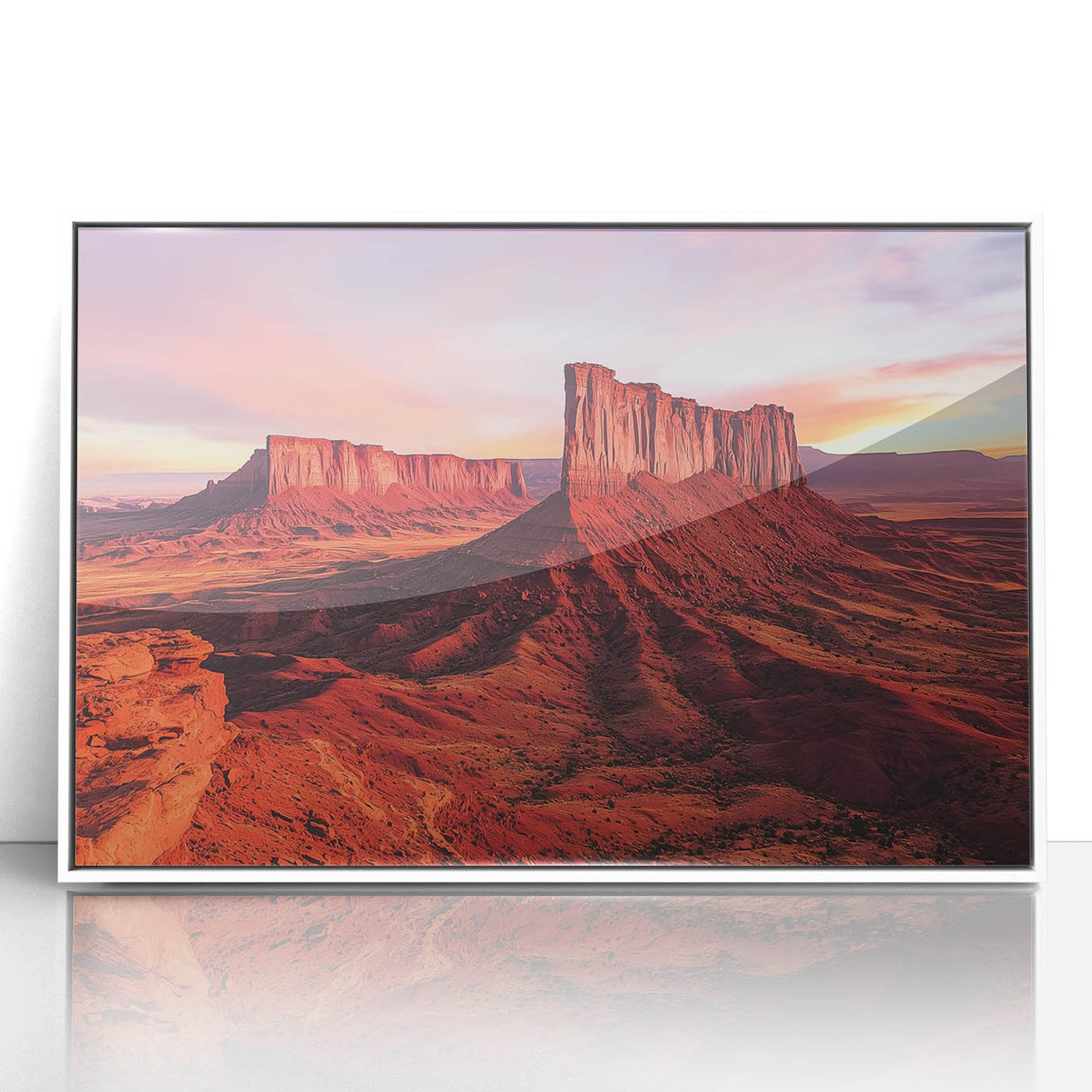 Framed acrylic artwork depicting a serene desert landscape, featuring warm sand tones and a clear blue sky, ideal for modern home decor.