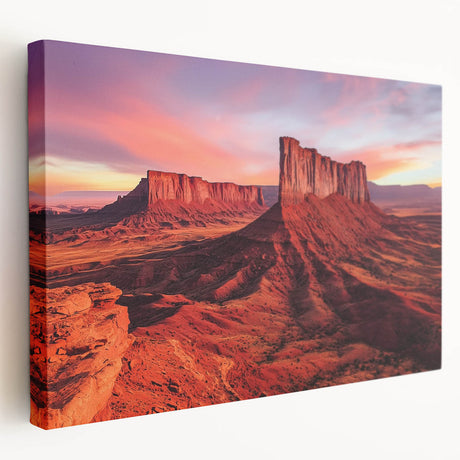 Desert landscape stretched canvas artwork showcasing vibrant hues of orange and yellow with a textured surface, perfect for modern home decor. Ideal for enhancing living spaces with a touch of nature-inspired elegance.