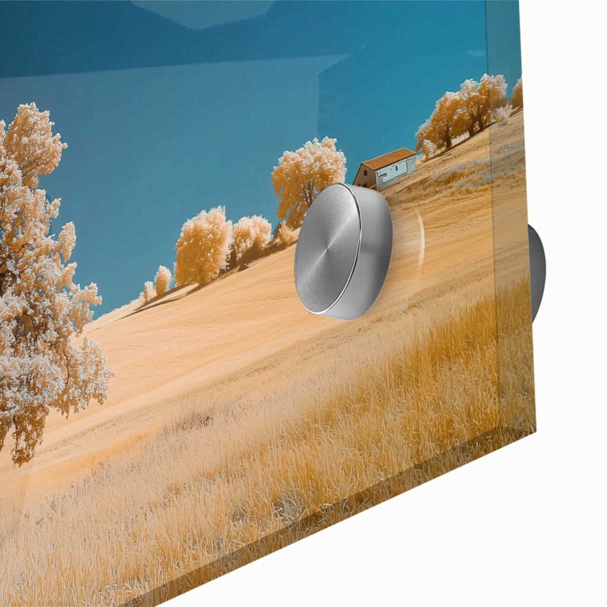 Close-up of a vibrant acrylic painting depicting lush, green fields and rolling landscapes, showcasing intricate details and vivid colors, perfect for home decor.