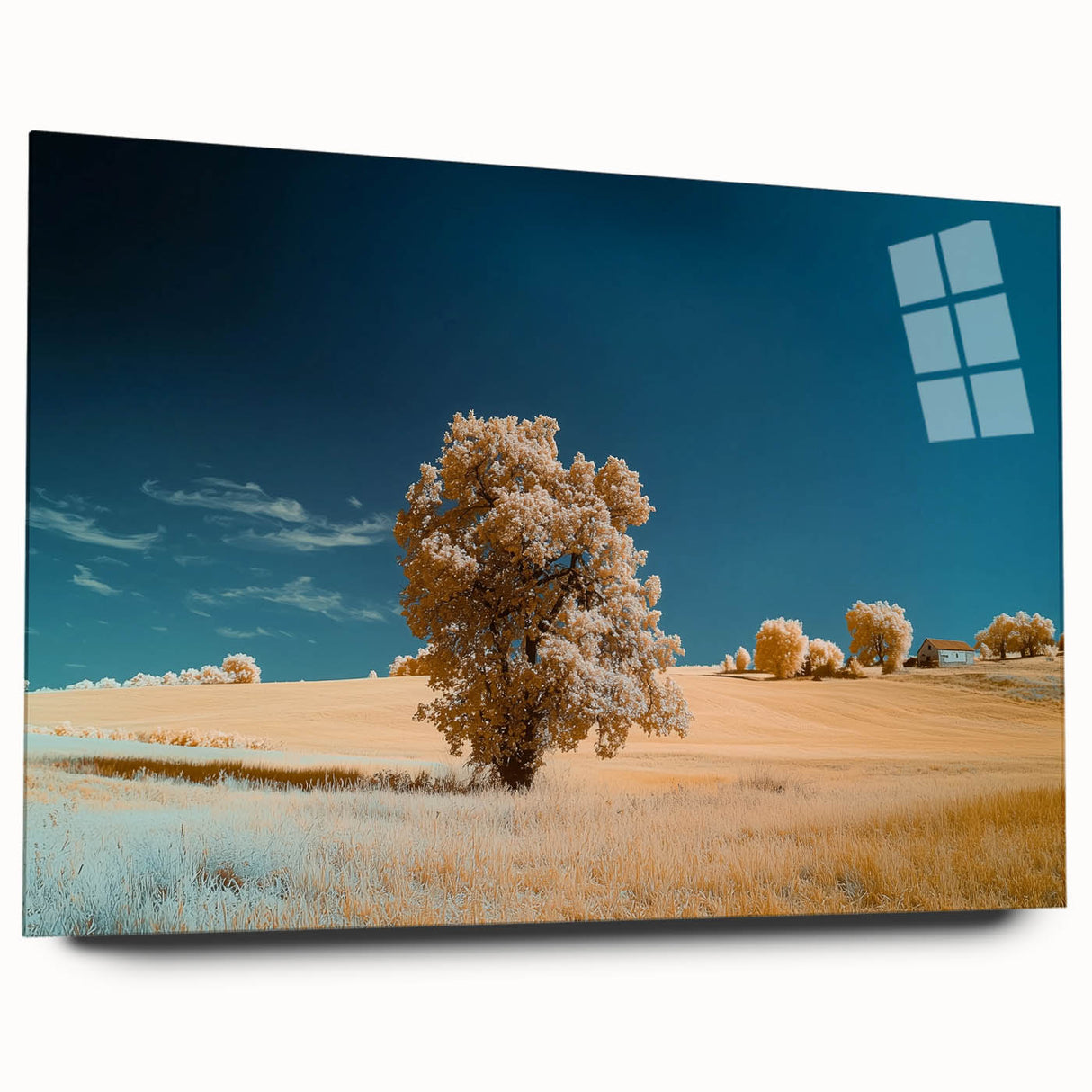 Acrylic glass landscape art showcasing vibrant green fields under a bright blue sky, viewed from the side, emphasizing clarity and depth without pins. Perfect for modern decor.