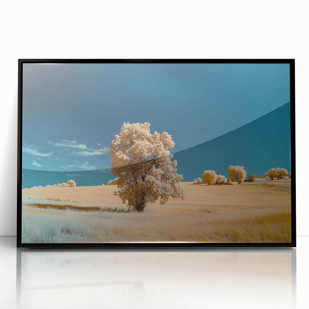 Framed acrylic artwork depicting a serene landscape with lush green fields and a clear blue sky, presented in a sleek black frame, ideal for home decor.