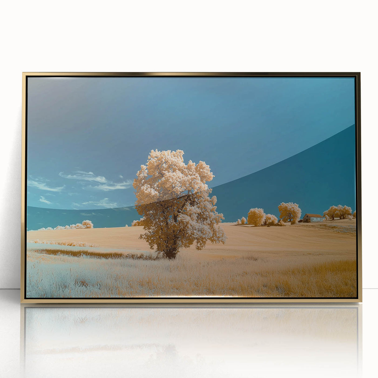 Framed acrylic artwork showcasing a vibrant landscape with golden accents, perfect for enhancing modern home decor. Ideal for art enthusiasts and collectors.