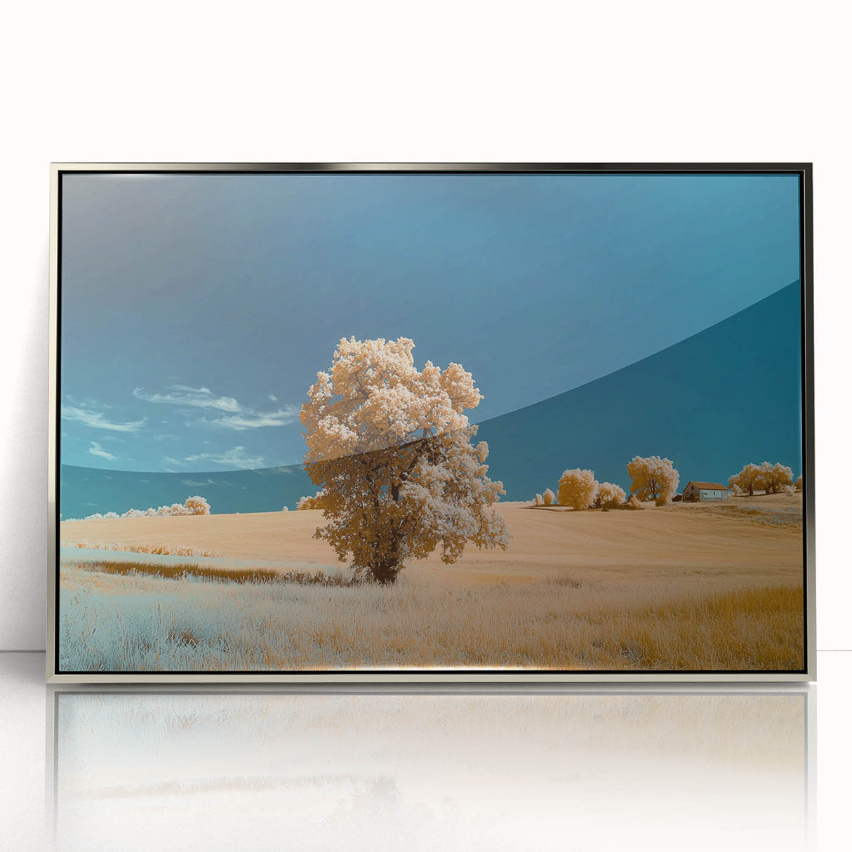 Framed acrylic artwork showcasing a serene landscape of lush green fields under a clear blue sky, perfect for enhancing modern home decor.
