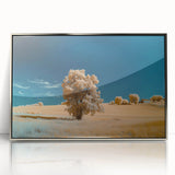 Framed acrylic artwork showcasing a serene landscape of lush green fields under a clear blue sky, perfect for enhancing modern home decor.