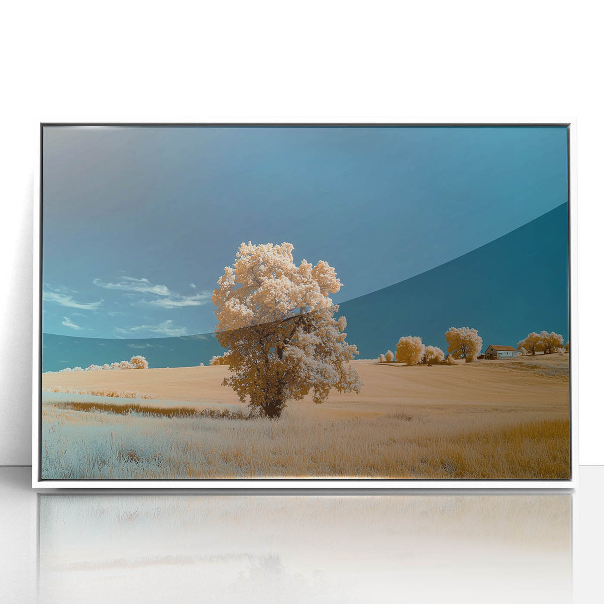 Framed acrylic artwork showcasing a vibrant landscape of golden fields under a bright blue sky, presented in a sleek white frame, ideal for modern home decor.