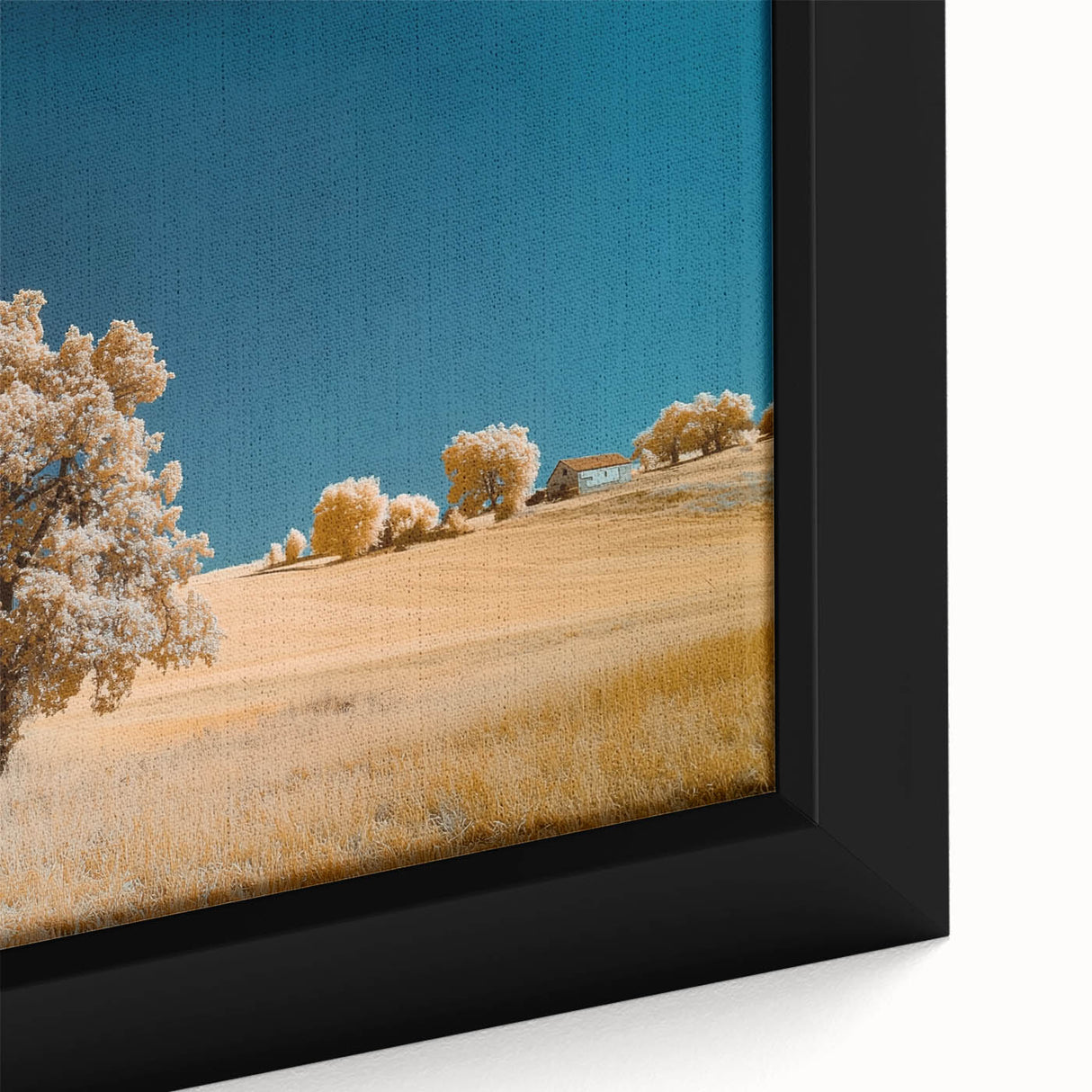Close-up of a framed canvas showcasing vibrant green fields and rolling landscapes, highlighting intricate brush strokes and rich textures for a serene home decor accent.
