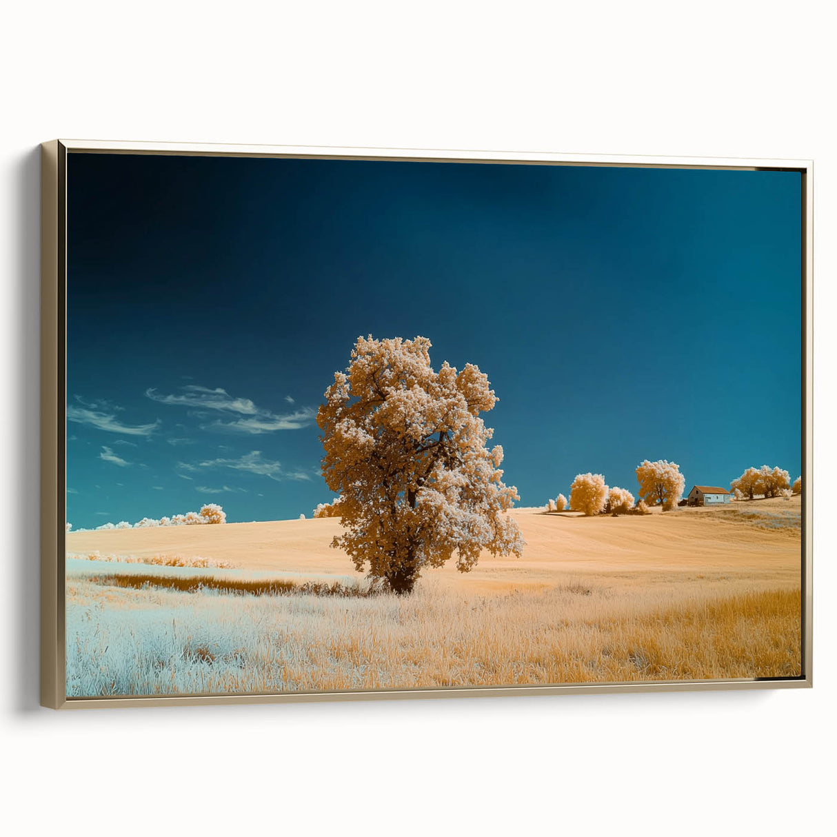 Framed canvas artwork depicting a vibrant landscape of golden fields under a blue sky, showcasing rich colors and intricate details, ideal for home decor.