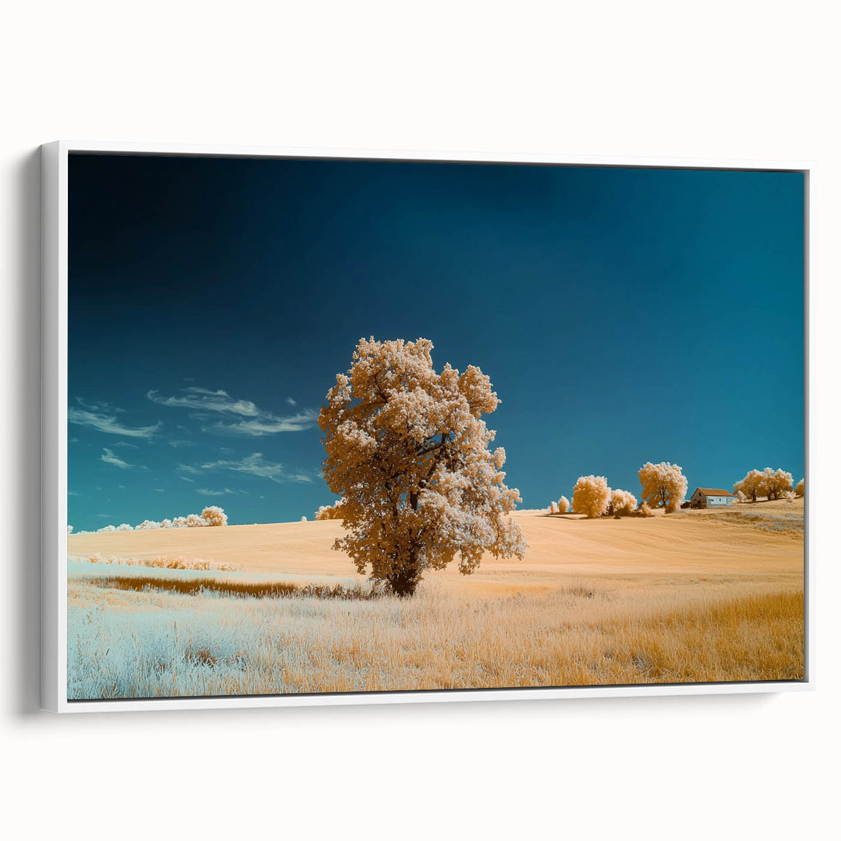 Framed canvas artwork showcasing a serene landscape of rolling fields in soft green hues, displayed from a white side view, perfect for home decor.