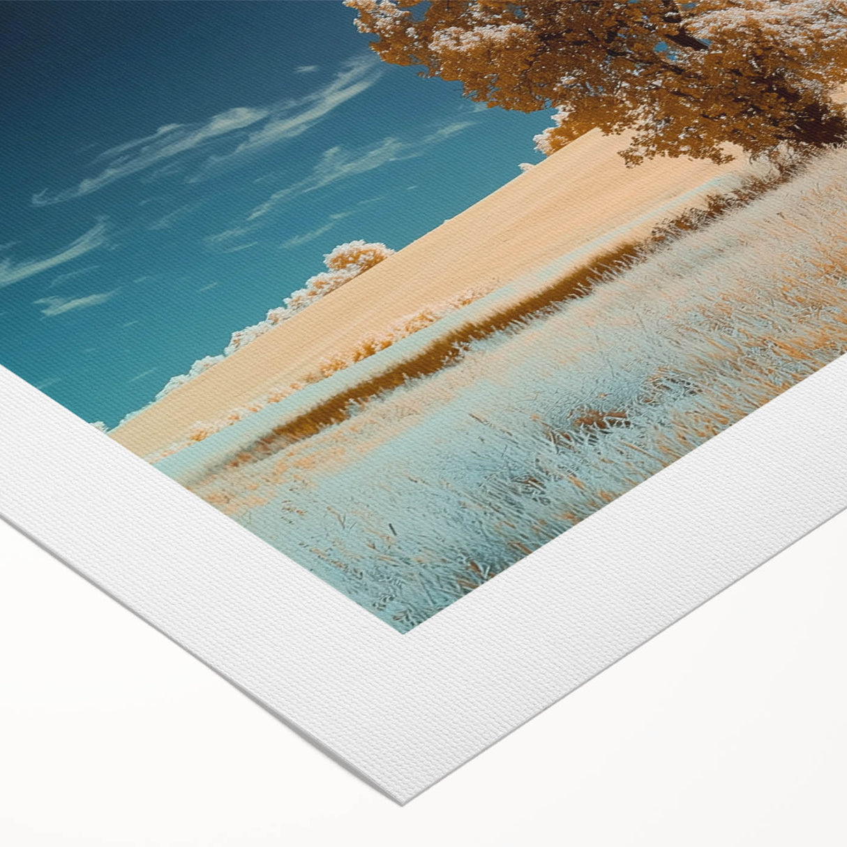 Vibrant rolled canvas showcasing a serene landscape scene with rolling fields and a clear blue sky, beautifully packaged in a protective cardboard tube for easy display.