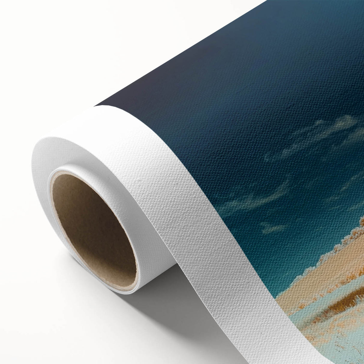 Vibrant rolled canvas showcasing a stunning landscape design with rolling fields and a rich color palette, elegantly packaged in a protective cardboard tube.