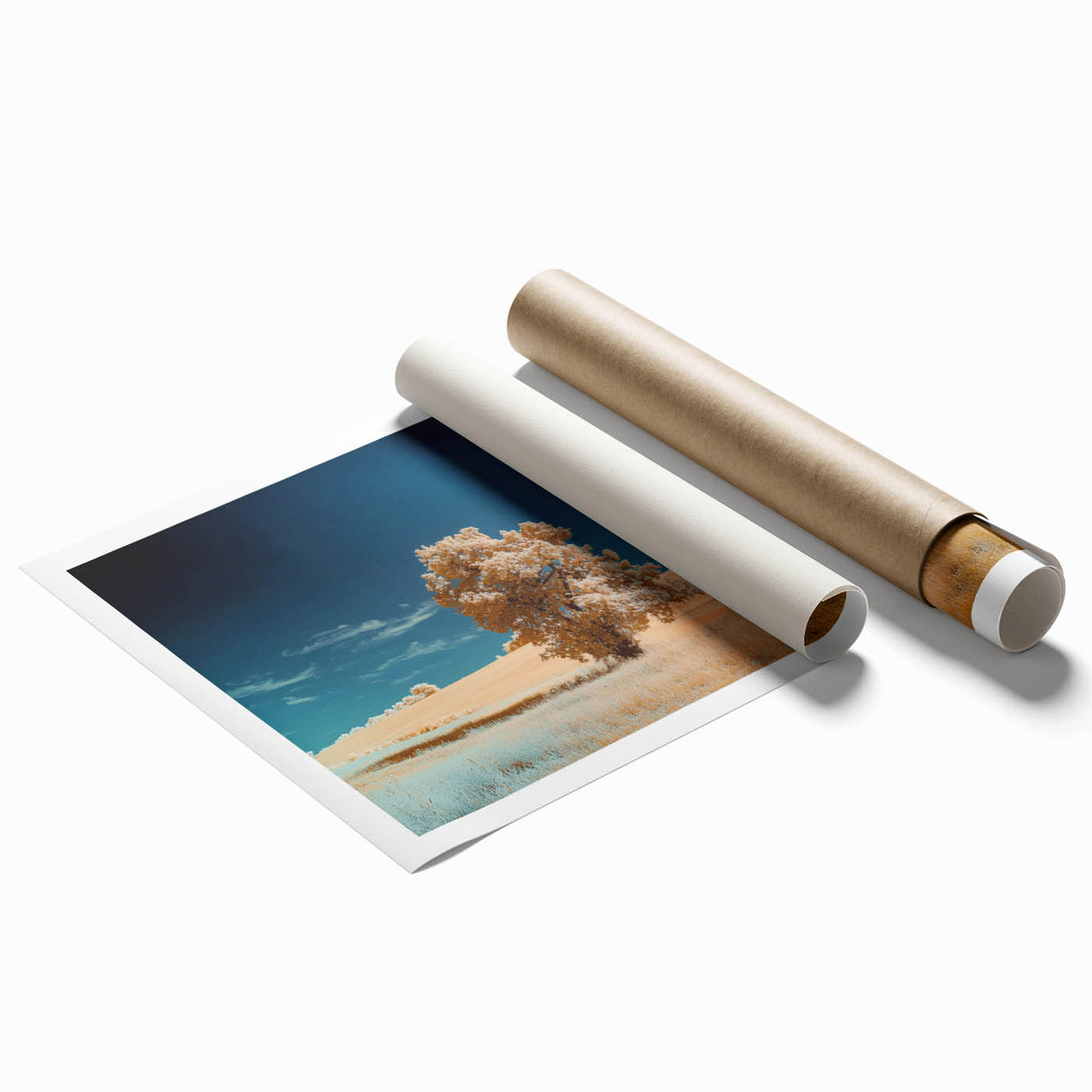 Vibrant rolled canvas print showcasing a serene landscape with lush green fields and soft blue skies, elegantly packaged in a protective cardboard tube for easy transport and display. Perfect for adding a touch of nature-inspired decor to any living space or office.