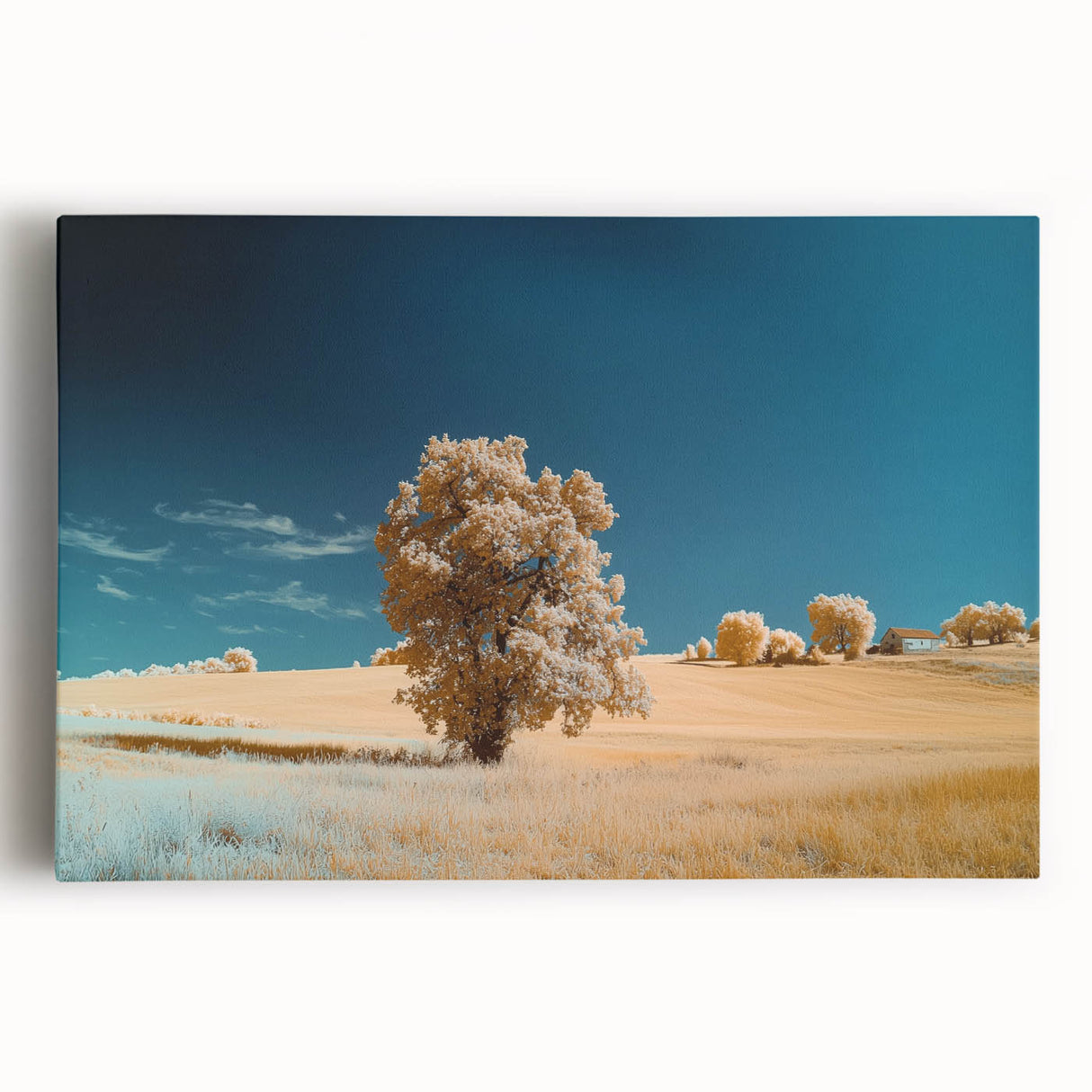 Vibrant stretched canvas artwork depicting a serene landscape of lush green fields under a clear blue sky, ideal for modern home decor.