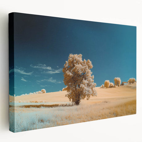 Stretched canvas artwork depicting a serene landscape with rolling fields under a clear sky, showcasing vibrant greens and soft earth tones, ideal for home decor.