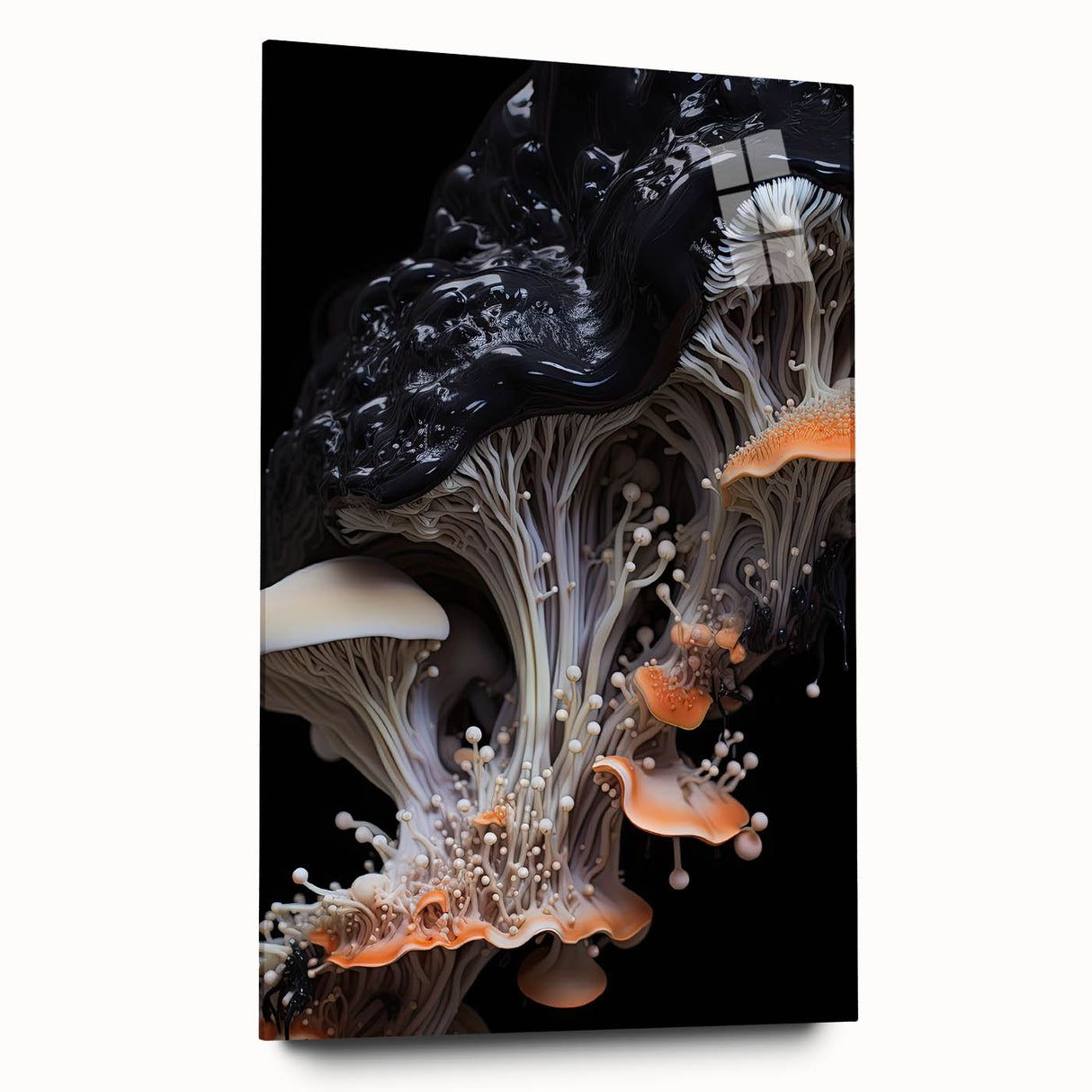 Large abstract wall art on acrylic glass, featuring swirling blue and gray tones, ideal for bedroom or dining room decor.