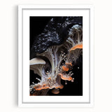 Abstract art print featuring swirling blue and gray patterns, framed with a white mat.