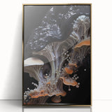 Mid-century modernist large art print of natural elements in gold tones, acrylic framed, suitable for modern nursery decor.