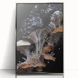 Mid-century modernist art featuring abstract geometric shapes in silver and gray tones on a framed acrylic.