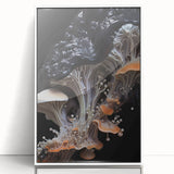 Art deco poster featuring geometric patterns in black and white tones, acrylic print framed in white.